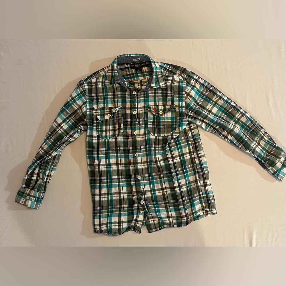 U.S. Polo Assn. Boys Plaid Button-Up Shirt | Size 8 | Teal Green